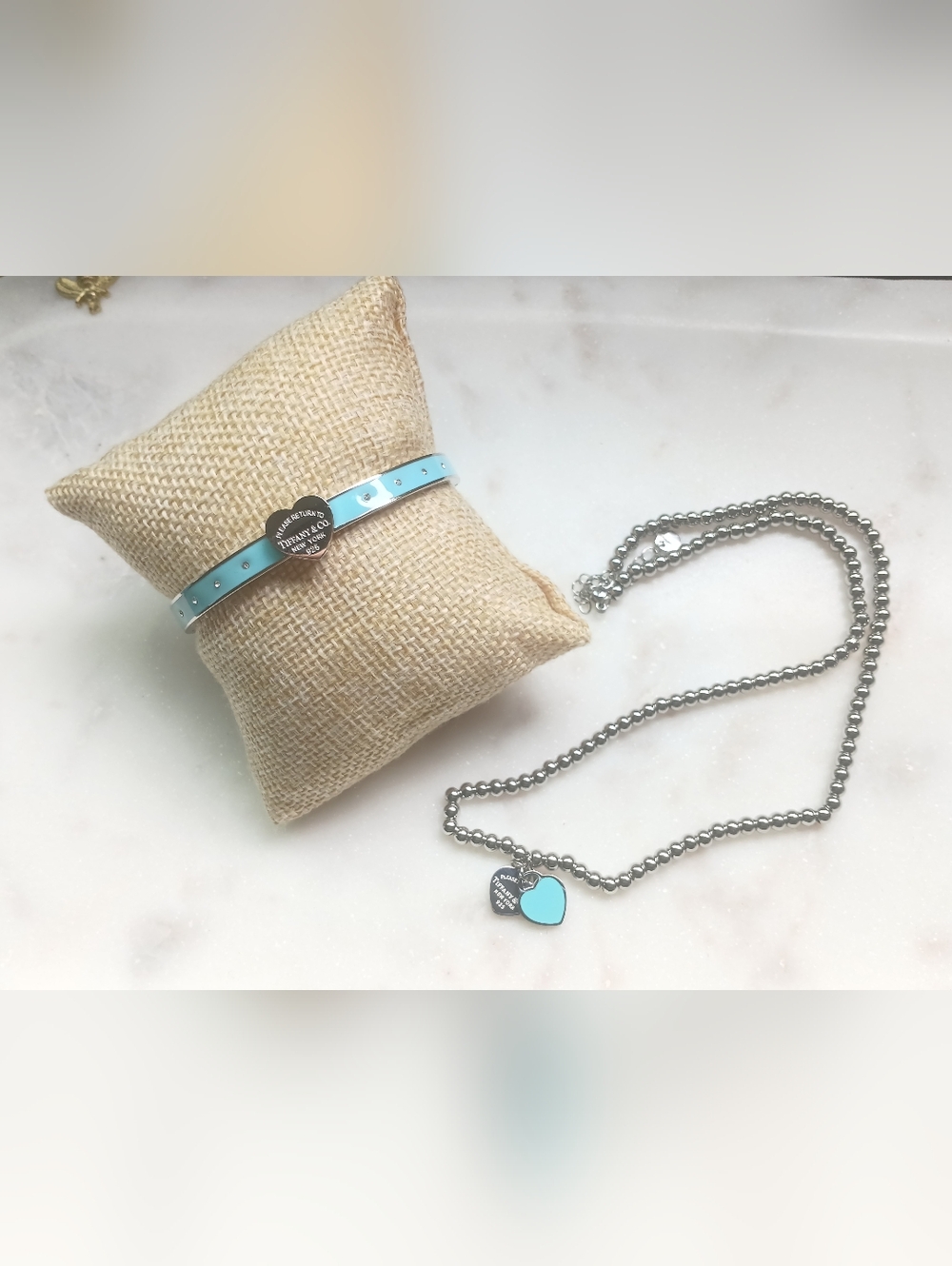 Inspired Blue Enamel Heart Necklace and Bangle Set